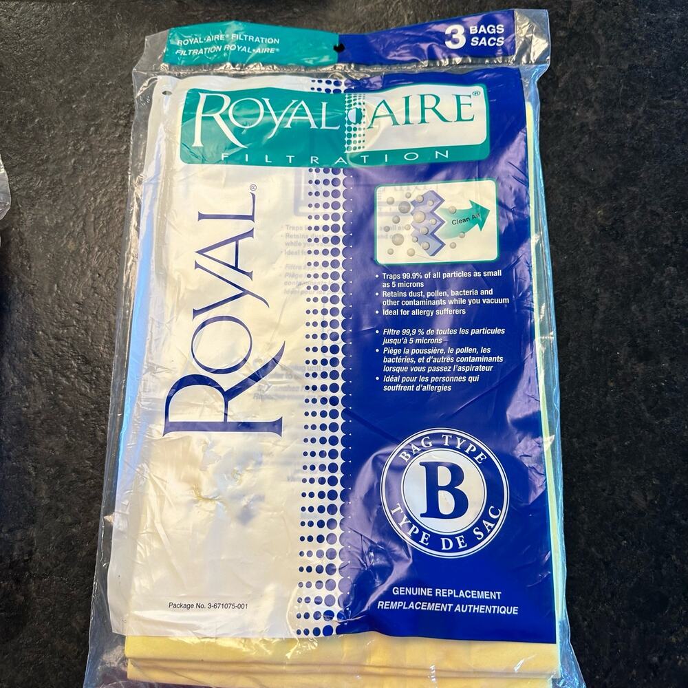 NEW Genuine Royal AIRE FILTRATION Upright Vacuum Bags Type B Package of 3